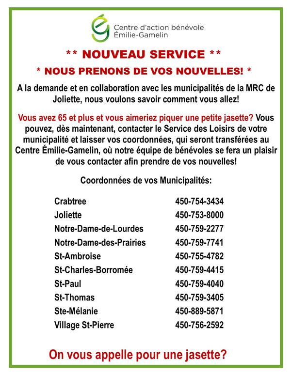 Service de jasette par le centre d'Action Bénévole Émilie-Gamelin